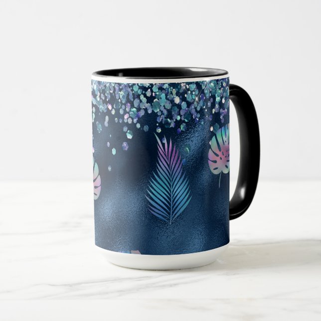 Blue Faux Glitter & Matching Leaves Mug (Front Right)