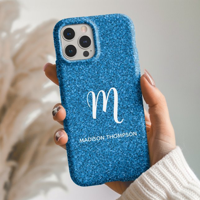 Blue Faux Glitter Personalised Monogram Name Case-Mate iPhone Case (Creator Uploaded)