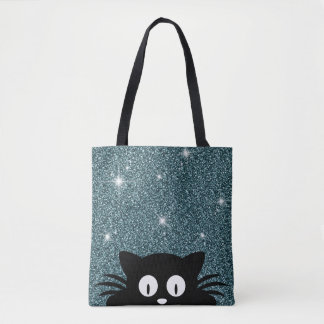 Blue Faux Glitter Shimmer Texture With A cat Tote Bag
