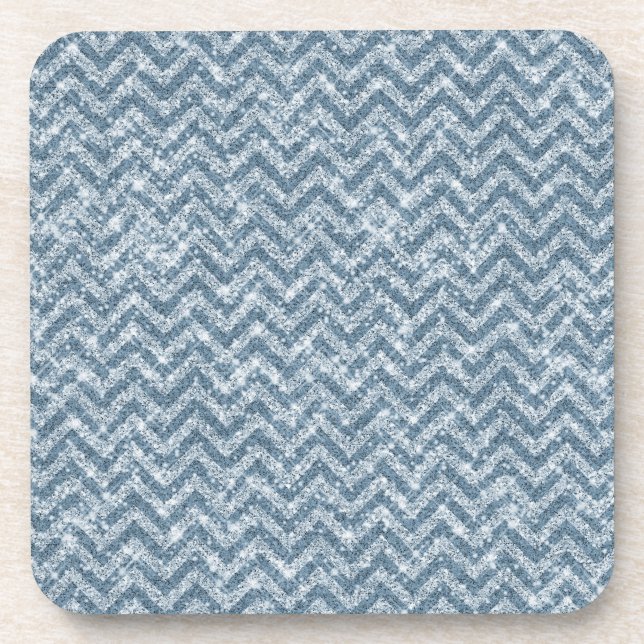 Blue Faux Glitter Sparkle Chevron Coaster (Front)