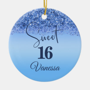 Blue Faux Glitter Sweet 16 Birthday Party Ornament