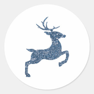 Blue Faux Glitter Texture Look Jumping Deer Classic Round Sticker