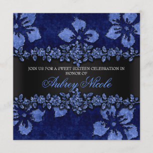 Blue Faux Glitter & Velvet Floral Sweet Sixteen Invitation