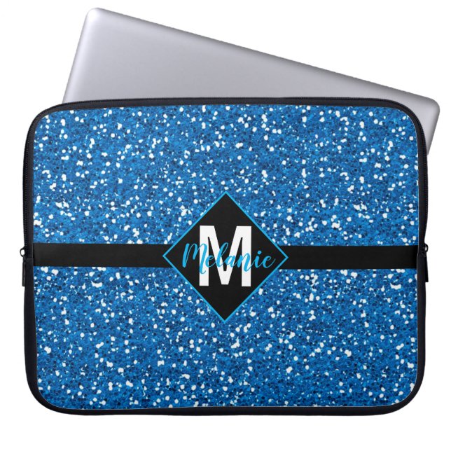Blue Faux Glitter with Monogram Laptop Sleeve (Front)