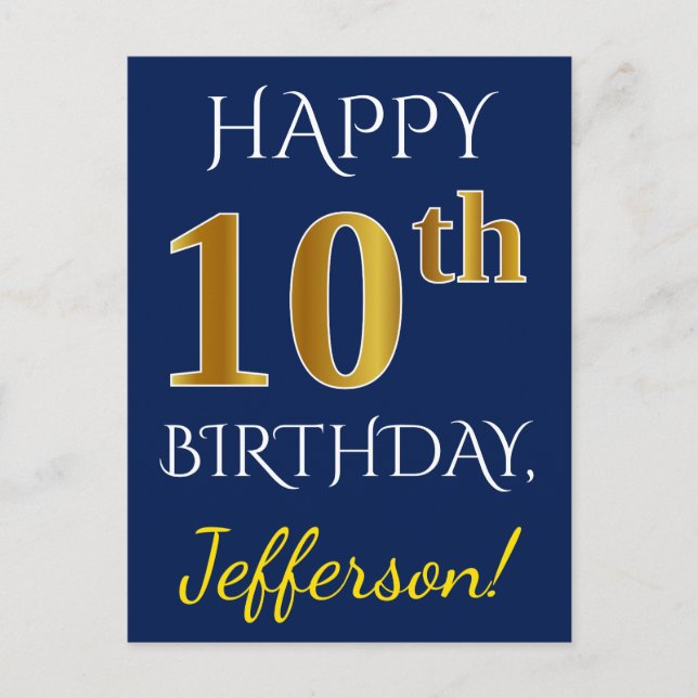 Blue, Faux Gold 10th Birthday + Custom Name Postcard (Front)