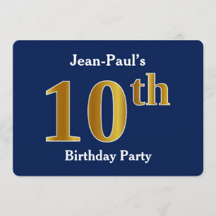Blue, Faux Gold 10th Birthday Party + Custom Name Invitation
