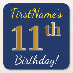 Blue, Faux Gold 11th Birthday + Custom Name Square Paper Coaster