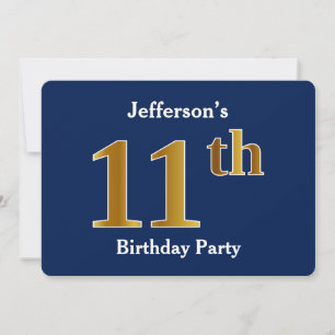 Blue, Faux Gold 11th Birthday Party + Custom Name Invitation