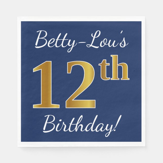 Blue, Faux Gold 12th Birthday + Custom Name Napkin (Front)