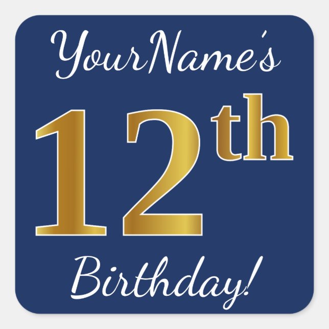 Blue, Faux Gold 12th Birthday + Custom Name Square Sticker (Front)