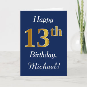Blue, Faux Gold 13th Birthday + Custom Name Card
