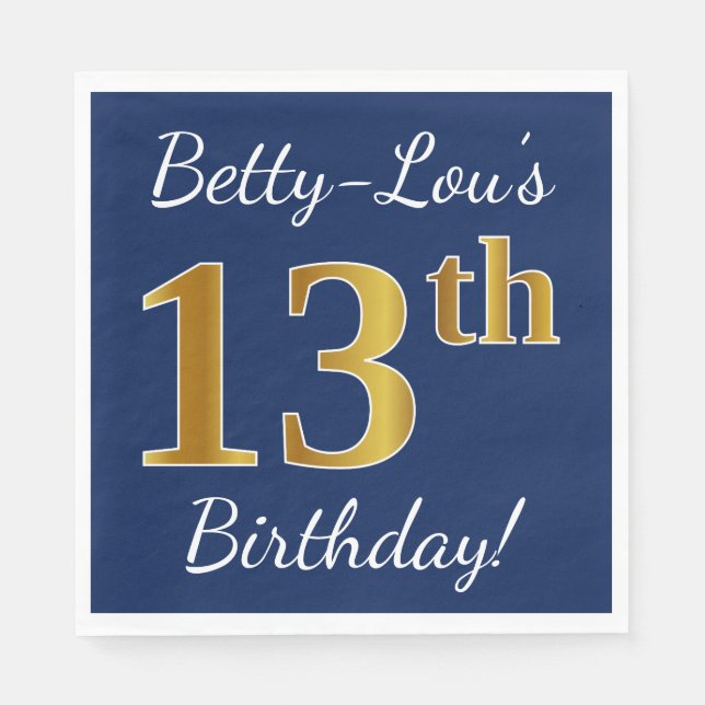 Blue, Faux Gold 13th Birthday + Custom Name Napkin (Front)
