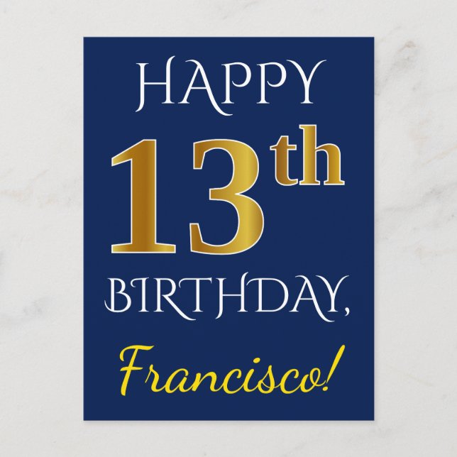 Blue, Faux Gold 13th Birthday + Custom Name Postcard (Front)