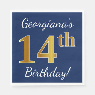 Blue, Faux Gold 14th Birthday + Custom Name Napkin