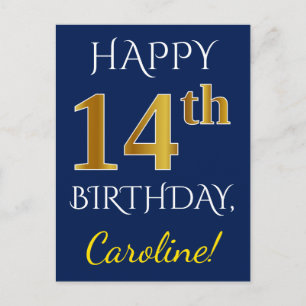 Blue, Faux Gold 14th Birthday + Custom Name Postcard
