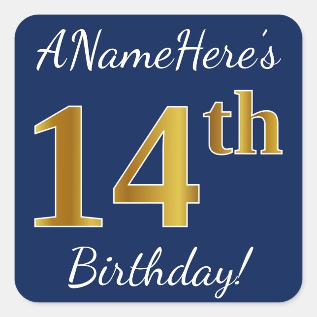 Blue, Faux Gold 14th Birthday + Custom Name Square Sticker (Front)