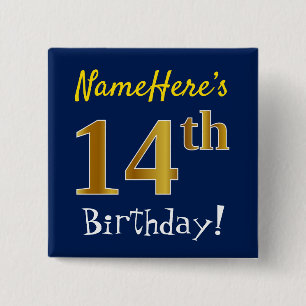 Blue, Faux Gold 14th Birthday, With Custom Name 15 Cm Square Badge