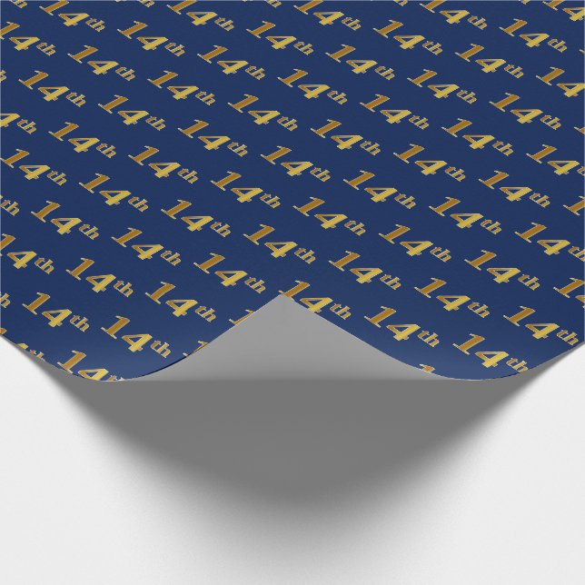 Blue, Faux Gold 14th (Fourteenth) Event Wrapping Paper (Corner)