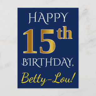 Blue, Faux Gold 15th Birthday + Custom Name Postcard