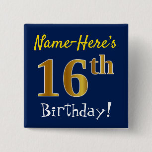 Blue, Faux Gold 16th Birthday, With Custom Name 15 Cm Square Badge