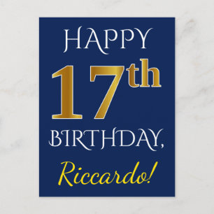 Blue, Faux Gold 17th Birthday + Custom Name Postcard