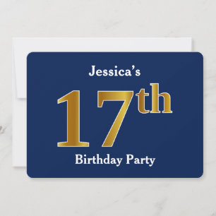 Blue, Faux Gold 17th Birthday Party + Custom Name Invitation
