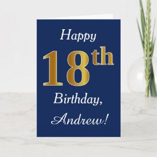 Blue, Faux Gold 18th Birthday + Custom Name Card