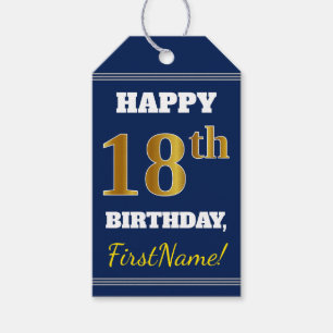 Blue, Faux Gold 18th Birthday + Custom Name Gift Tags