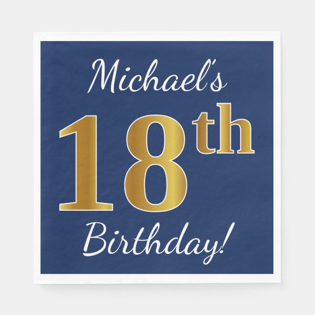Blue, Faux Gold 18th Birthday + Custom Name Napkin (Front)