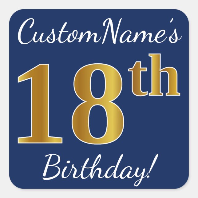 Blue, Faux Gold 18th Birthday + Custom Name Square Sticker (Front)