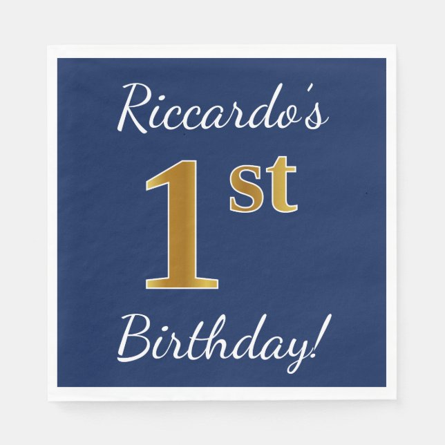 Blue, Faux Gold 1st Birthday + Custom Name Napkin (Front)