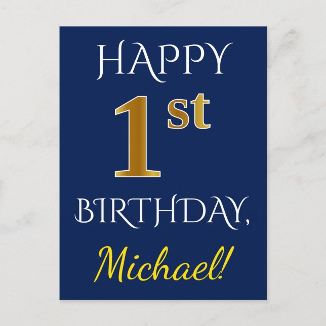 Blue, Faux Gold 1st Birthday + Custom Name Postcard (Front)