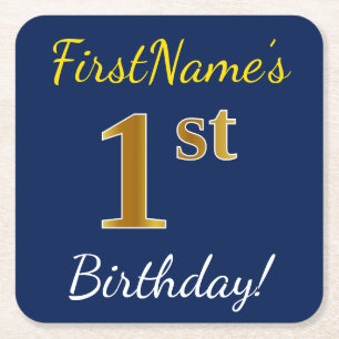 Blue, Faux Gold 1st Birthday + Custom Name Square Paper Coaster