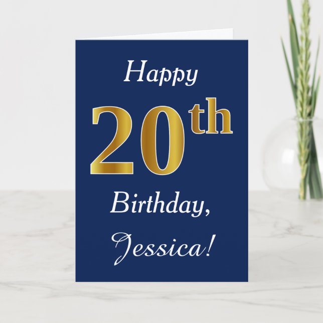 Blue, Faux Gold 20th Birthday + Custom Name Card (Front)