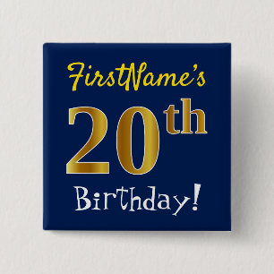 Blue, Faux Gold 20th Birthday, With Custom Name 15 Cm Square Badge