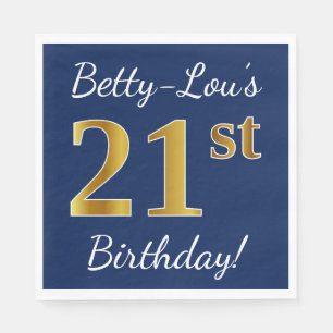 Blue, Faux Gold 21st Birthday + Custom Name Napkin