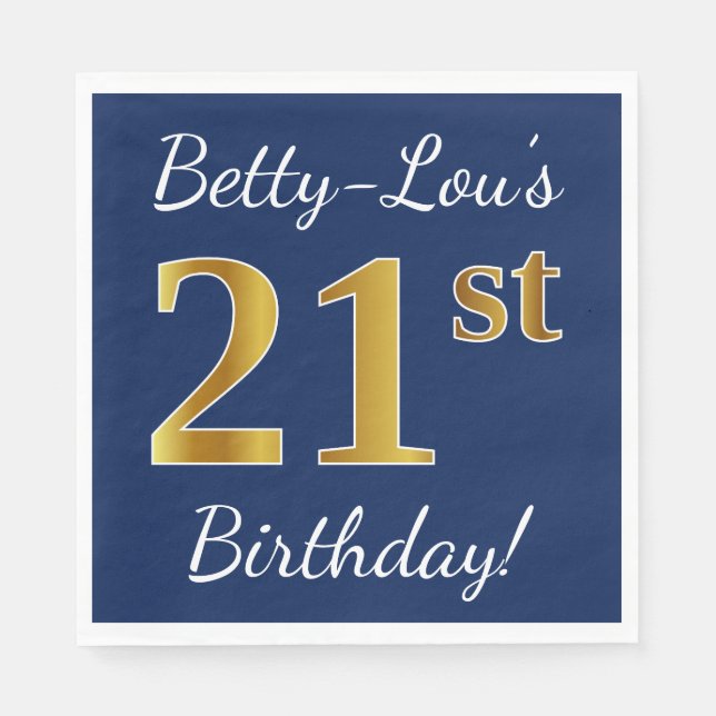 Blue, Faux Gold 21st Birthday + Custom Name Napkin (Front)