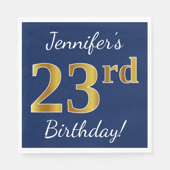 Blue, Faux Gold 23rd Birthday + Custom Name Napkin (Front)