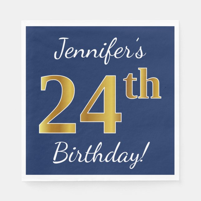 Blue, Faux Gold 24th Birthday + Custom Name Napkin (Front)