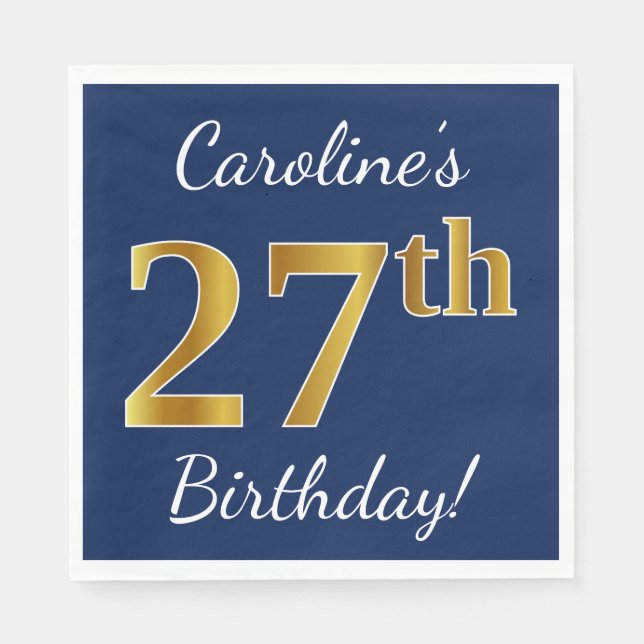 Blue, Faux Gold 27th Birthday + Custom Name Napkin (Front)
