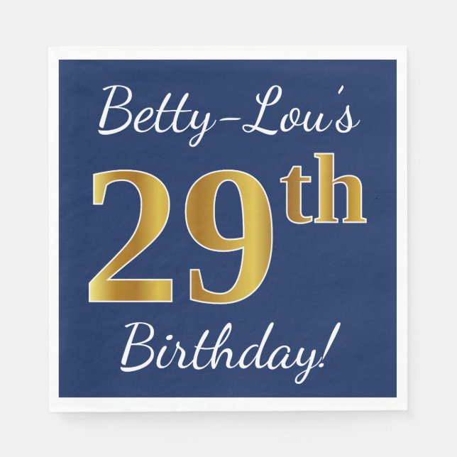 Blue, Faux Gold 29th Birthday + Custom Name Napkin (Front)