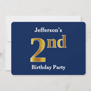 Blue, Faux Gold 2nd Birthday Party + Custom Name Invitation