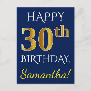 Blue, Faux Gold 30th Birthday + Custom Name Postcard