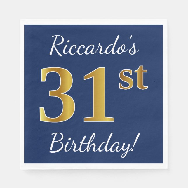Blue, Faux Gold 31st Birthday + Custom Name Napkin (Front)