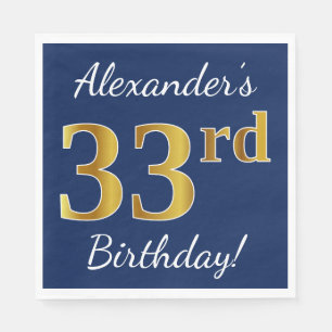 Blue, Faux Gold 33rd Birthday + Custom Name Napkin