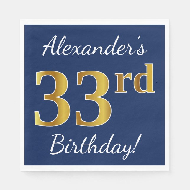 Blue, Faux Gold 33rd Birthday + Custom Name Napkin (Front)