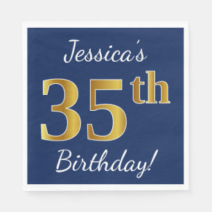 Blue, Faux Gold 35th Birthday + Custom Name Napkin
