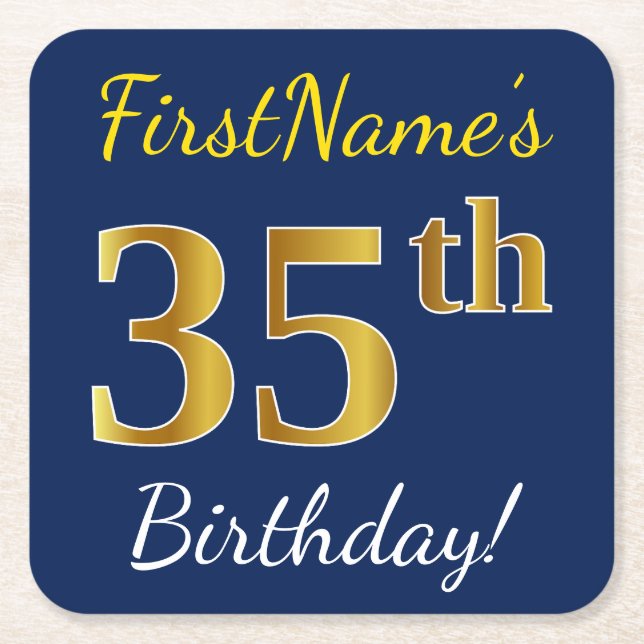 Blue, Faux Gold 35th Birthday + Custom Name Square Paper Coaster (Front)