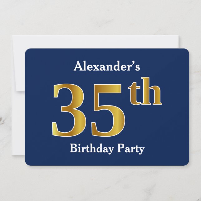 Blue, Faux Gold 35th Birthday Party + Custom Name Invitation (Front)