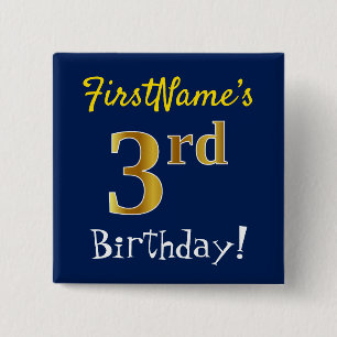 Blue, Faux Gold 3rd Birthday, With Custom Name 15 Cm Square Badge